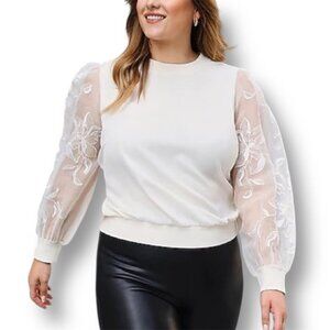 Express XL Ivory Blouse Sheer Floral Embroidered Sleeve Romantic Cottagecore